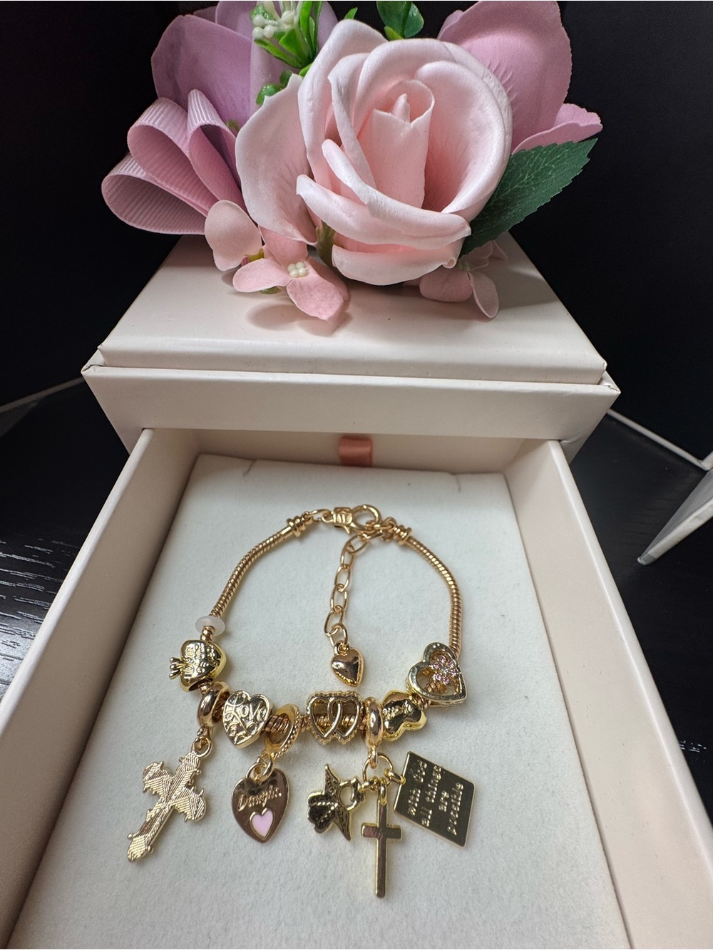 Gold-tone Women's Charm Bracelet with Pink Accent Heart